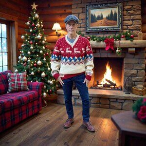 Vintage Hand Knit Chunky Reindeer Sweater V Neck Wool Yarn Mountains Zig Zags